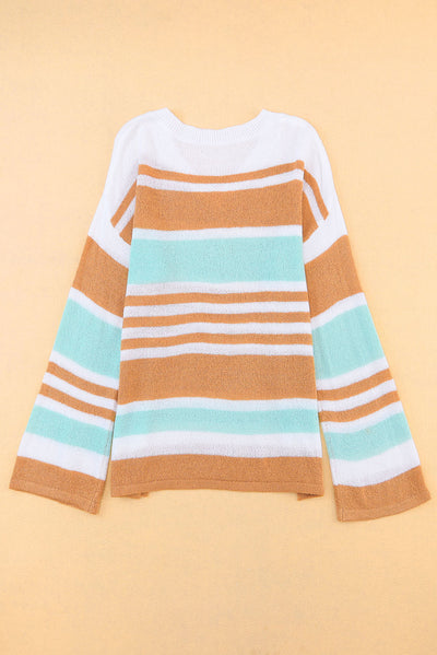 Multicolor Colorblock Stripe Long Sleeve Split Sweater-Tops-MomFashion