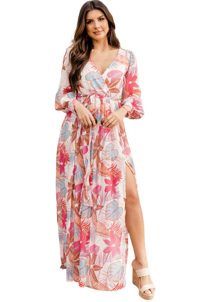 Tropical Plant Print Long Sleeve Wrap V-Neck Slit Maxi Dress-Dresses-MomFashion