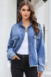 Sky Blue Flap Pockets Raw Hem Denim Shacket-Outerwear-MomFashion