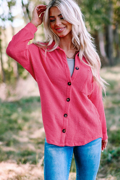 Pink Waffle Knit Button Up Casual Shirt-Tops-MomFashion