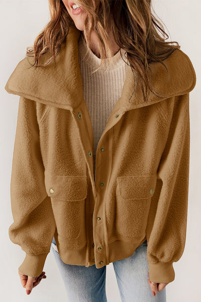 Brown Button Flap Pocket Spread Collar Fleece Jacket-Outerwear-MomFashion