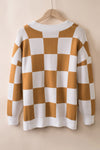 Brown Contrast Checkered Print Button Up Sweater Cardigan-Tops-MomFashion