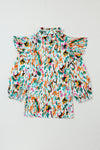 Multicolor Abstract Print 3/4 Puff Sleeve Ruffle Blouse-Tops-MomFashion