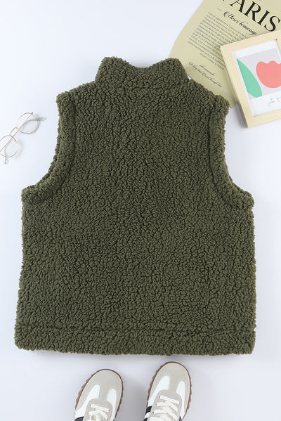 Green Snap Button Pocketed Sherpa Vest Jacket-Outerwear-MomFashion