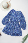 Blue Sky Blue/Blue/Apricot V Neck Lantern Sleeves Floral Tunic Dress-Dresses-MomFashion