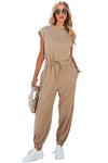 Light French Beige Cap Sleeve Open Back Drawstring Jogger Jumpsuit-Bottoms-MomFashion