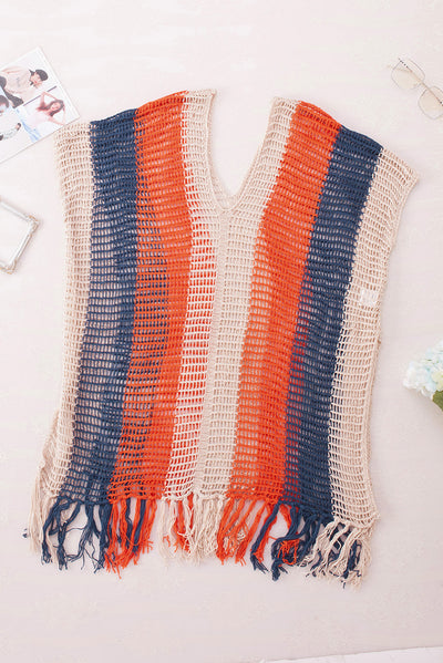 Multicolor Striped Tassel Crochet V Neck Beach Cover Up-Swimwear-MomFashion