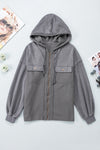 Gray Flap Pocket Drawstring Hood Zip Up Jacket-Outerwear-MomFashion