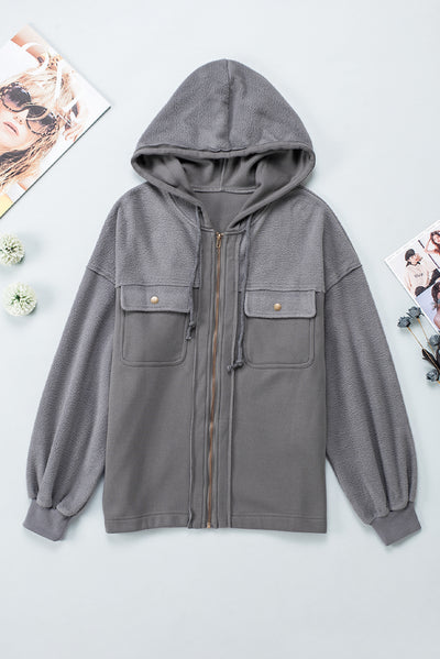 Gray Flap Pocket Drawstring Hood Zip Up Jacket-Outerwear-MomFashion