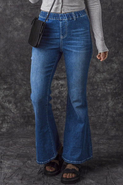 Blue Elastic High Waist Flare Jeans-Bottoms-MomFashion