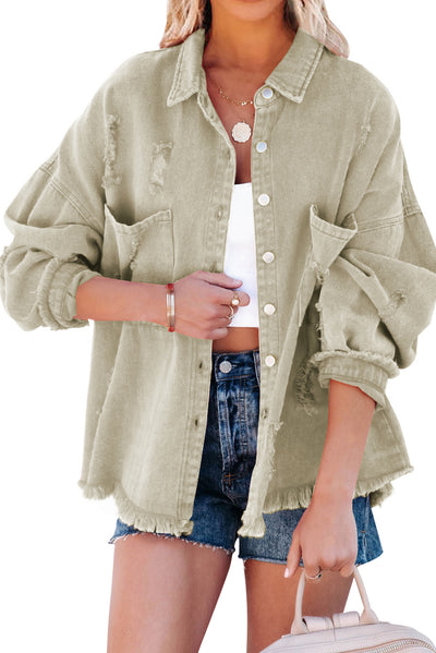 Green Distressed Fringe Trim Denim Jacket-Outerwear-MomFashion