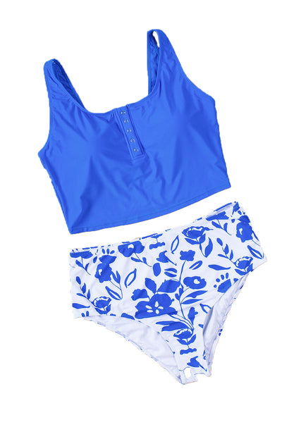 Blue Square Neck Sleeveless Fashion Print Tankini Set-Swimwear-MomFashion