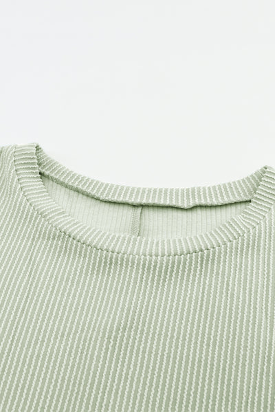 Green Ribbed Roll-tab Sleeve Chest Pocket Oversize Top-Tops-MomFashion