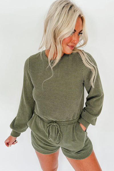 Jungle Green Corded Pullover Long Sleeve Drawstring Romper-Bottoms-MomFashion