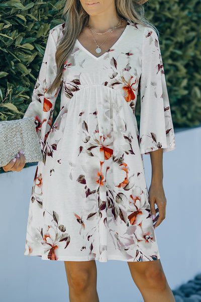 White V Neck 3/4 Sleeve Floral Dress-Dresses-MomFashion