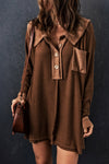 Brown Waffle Knit Buttoned Long Sleeve Top-Tops-MomFashion