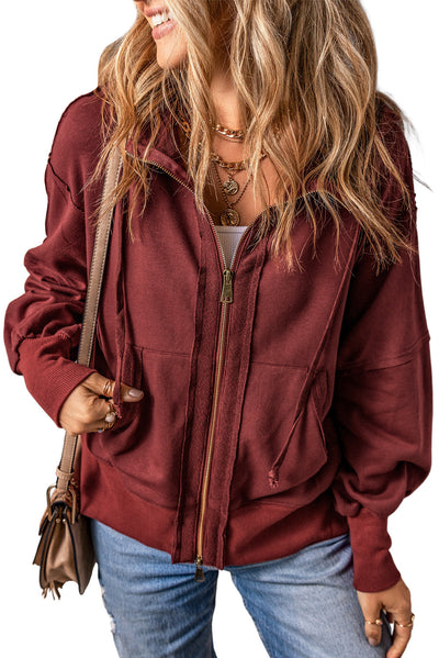 Brown Raw Edge Exposed Seam Full Zip Hoodie-Tops-MomFashion