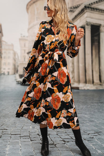 Multicolor Floral Print Waist Tie Pleated Midi Shirt Dress-Dresses-MomFashion