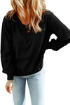 Black Lace Waffle Patchwork Strappy V Neck Long Sleeve Top-Tops-MomFashion