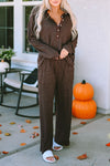 Brown Ribbed Knit Collared Henley Top and Pants Lounge Outfit-Loungewear-MomFashion