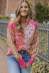 Pink Mixed Floral Printed Puff Sleeve V-Neck Shirt-Tops-MomFashion