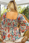 Printed Floral Print Smocked Puff Sleeve Peplum Blouse-Tops-MomFashion