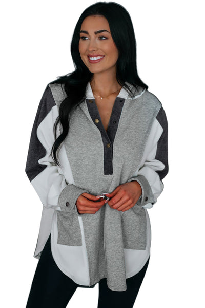 Gray Color Block Exposed Seam Buttoned Neckline Hoodie-Tops-MomFashion