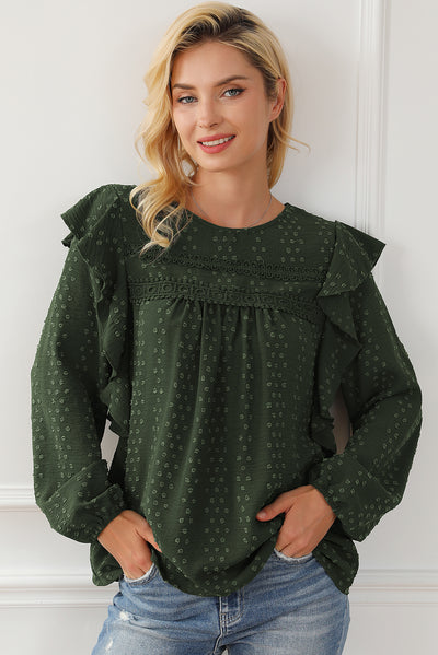 Blackish Green Lace Eyelet Ruffle Shoulder Long Sleeve Blouse-Tops-MomFashion