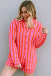 Orange Striped Print Collared Neck Shirt and Shorts Set-Loungewear-MomFashion