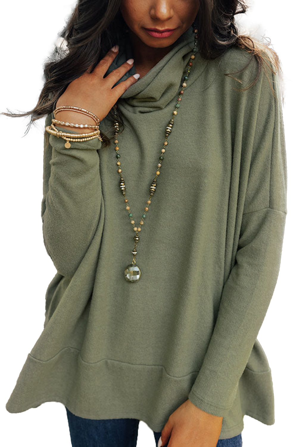 Jungle Green Cowl Neck Shift Tunic Top-Tops-MomFashion