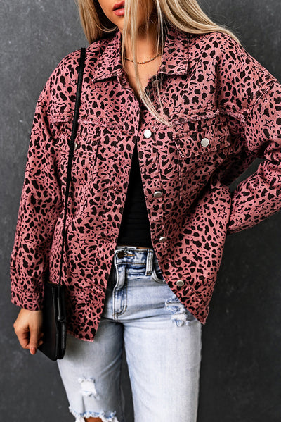 Pink Stars & Animal Spots Print Button Up Denim Shacket-Outerwear-MomFashion