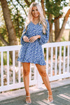 Blue Sky Blue/Blue/Apricot V Neck Lantern Sleeves Floral Tunic Dress-Dresses-MomFashion