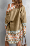 Khaki Aztec Print Open Front Knitted Cardigan-Tops-MomFashion