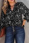 Black Plus Size Floral Print Ruched Split Neck Blouse-Plus Size-MomFashion