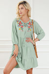 Green Floral Embroidery Tiered Ruffle Hem Dress-Dresses-MomFashion