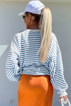 Blue Stripe Drop Shoulder Crew Neck Loose Sweatshirt-Tops/Sweatshirts & Hoodies-MomFashion