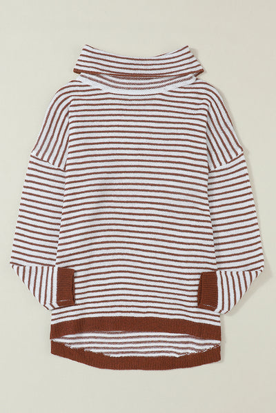 Brown Striped Turtleneck Loose Sweater-Tops-MomFashion