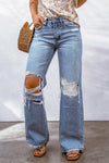 Sky Blue Destroyed Open Knee Wide Leg Jeans-Bottoms-MomFashion