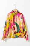 Multicolor Floral Print Smocked Hem Stand Neck Blouse-Tops-MomFashion