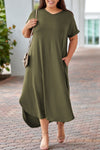 Green Plus Size V Neck Rolled Cuffs Maxi Dress-Plus Size-MomFashion