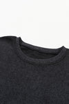 Black Solid Ribbed Knit Round Neck Pullover Sweatshirt-Tops-MomFashion