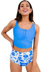 Blue Square Neck Sleeveless Fashion Print Tankini Set-Swimwear-MomFashion