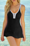 Black Strappy V Neck Side Split One-piece Swimdress-Swimwear-MomFashion