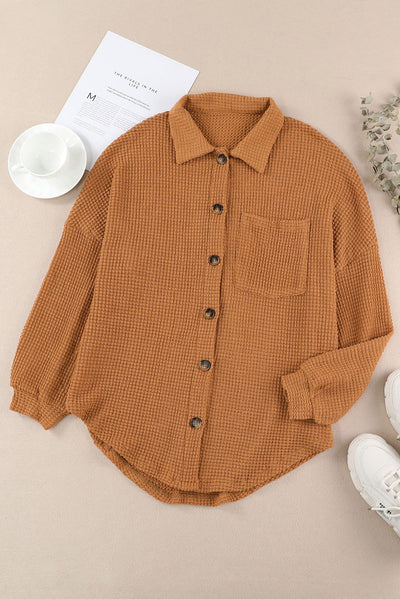 Brown Waffle Knit Button Up Casual Shirt-Tops-MomFashion