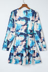 Blue Abstract Floral Long Sleeve Tied Ruffle Dress-Dresses-MomFashion