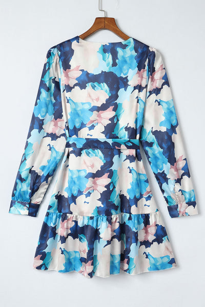 Blue Abstract Floral Long Sleeve Tied Ruffle Dress-Dresses-MomFashion