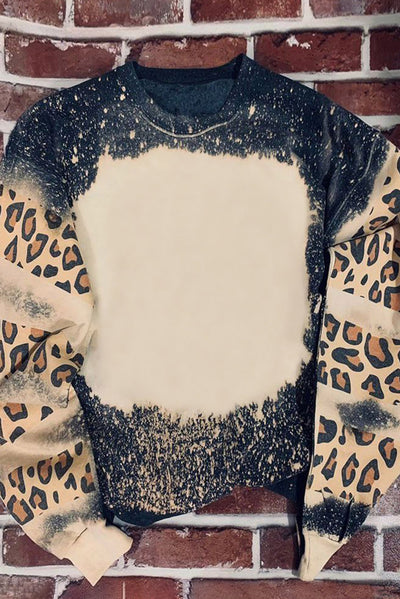 Black Tie Dye Leopard Drop Shoulder Sweatshirt-Tops-MomFashion