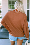 Brown Waffle Knit Button Contrast Trim Long Sleeve Top-Tops-MomFashion