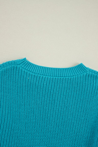 Turquoise Ruffled Eyelet Bubble Sleeve Sweater-Sweaters & Cardigans/Sweaters-MomFashion