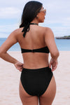 Black Halter O-ring Ruched Bust One Piece Swimsuit-Swimwear-MomFashion